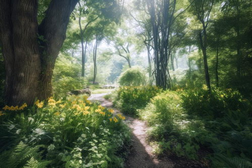 木漏れ日と天使の梯子が降り注ぐ森林の登山道