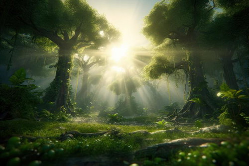 森林の中に差し込む光芒、朝日が霧を貫く木漏れ日の癒しの風景