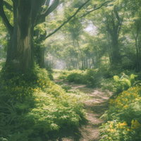 森の中で踊る朝の光と登山道を歩むハイキングコースの写真