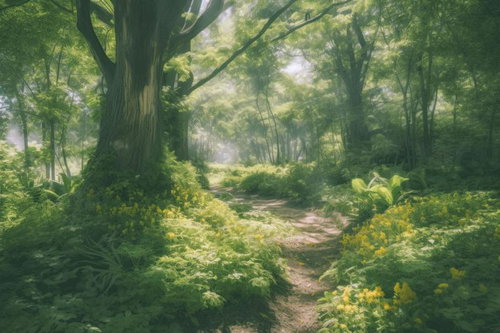 森の中で踊る朝の光と登山道を歩むハイキングコース