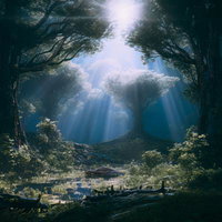 光の筋が降り注ぐ森の中の光のハーモニー 木漏れ日の交錯の写真