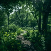 深い森へ誘う石畳の道 - 登山道の自然風景の写真