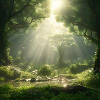 光芒が差し込む森林の中で見つけた天使の梯子の写真