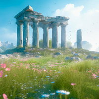 花咲く草原に佇む古代神殿風の遺跡と歴史の足跡の写真