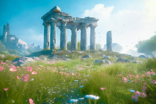 花咲く草原に佇む古代神殿風の遺跡と歴史の足跡