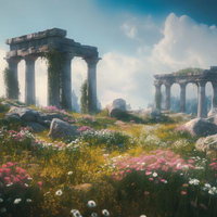 草花に包まれた古代ギリシャ風の遺跡神殿と歴史的な石造柱の写真