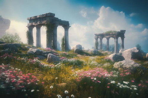 草花に包まれた古代ギリシャ風の遺跡神殿と歴史的な石造柱