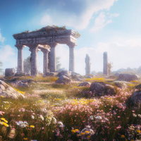 古代遺跡風の神殿と花咲く野原に映る神話の遺産の写真