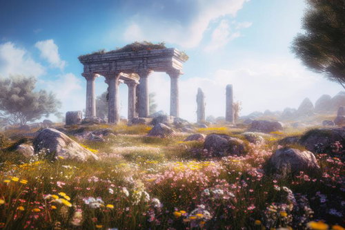 古代遺跡風の神殿と花咲く野原に映る神話の遺産
