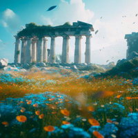 古代神殿遺跡を彩る青い草花、神話と高台から眺める遺産の写真