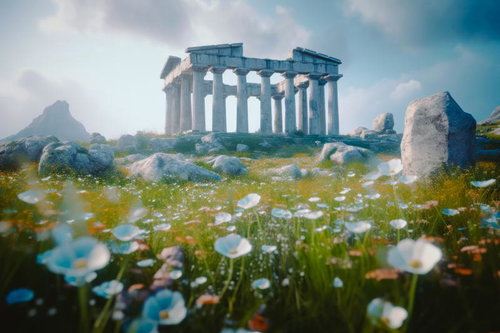 花咲く草原に立つ古代遺跡風の神殿と神話の物語