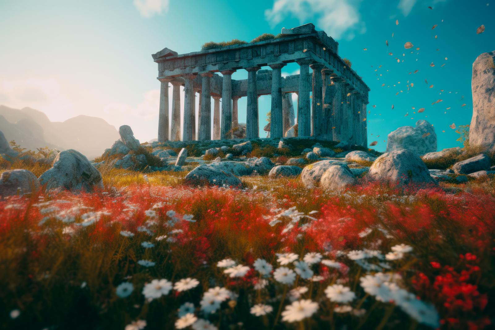 古代遺跡風の神殿跡を囲む赤い花と舞う葉の風景
