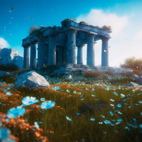 舞う花びらと青い花に包まれた古代遺跡風の神殿の写真