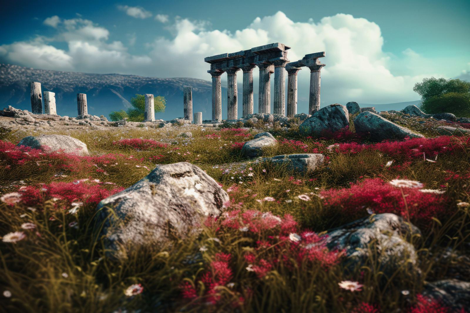 古代遺跡風の柱と赤い花が咲く高台の風景