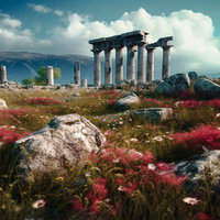 赤い花に彩られた古代神殿風の遺跡と高台の情景の写真