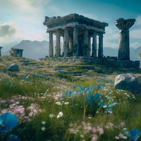 青いコスモスと古代文明 遺跡風の神殿がある世界遺産の風景の写真