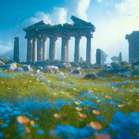 青の花海に浮かぶ遺跡、古代文明とコスモスの写真