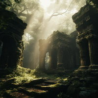 木漏れ日が降り注ぐジャングルに眠る古代神殿の遺跡の写真