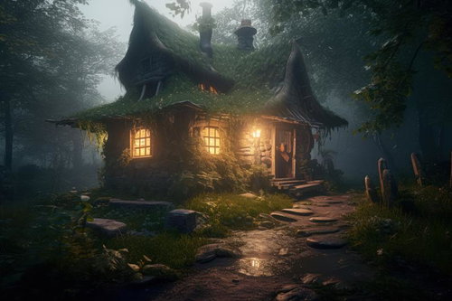 霧に隠れた苔むした山小屋、暖色の光が灯る森の隠れ家