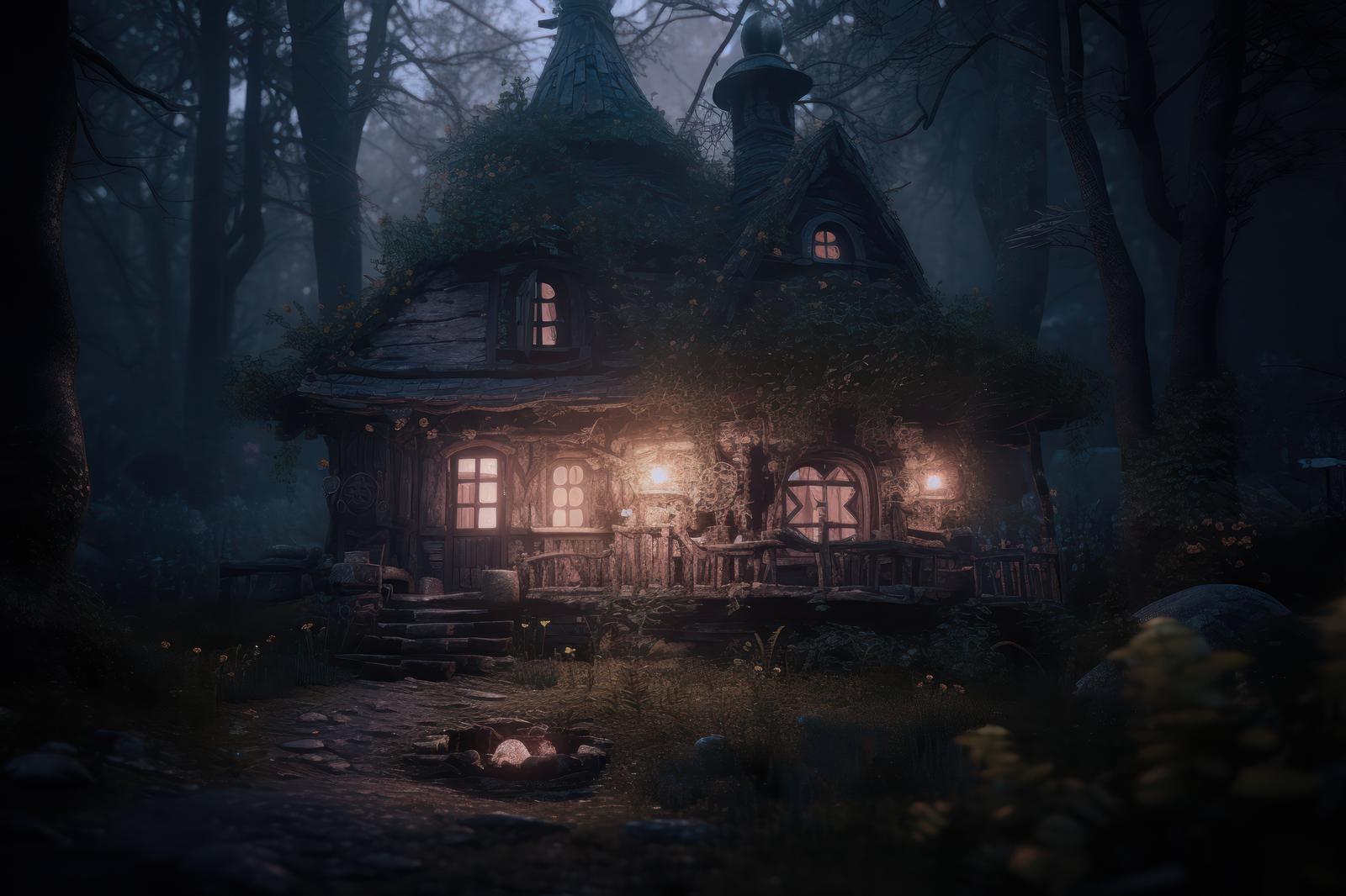 森の中の夜間、温かい灯りが灯った山小屋の遠景