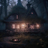 夜の森に灯る山小屋の明かり〜苔むした木造小屋の写真