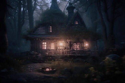 夜の森に灯る山小屋の明かり〜苔むした木造小屋