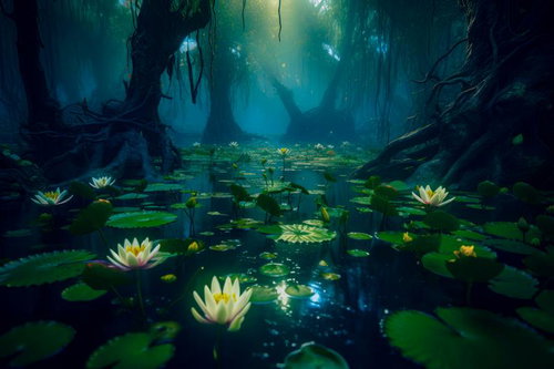 沈黙の蓮の花が咲く神秘的な湿地帯の静寂と水辺の光景