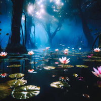 静寂の湿地帯、蓮の花に注ぐ木漏れ日と水面の輝きの写真