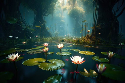 光差す湿地帯の蓮が紡ぐ沼の神秘的な水辺風景