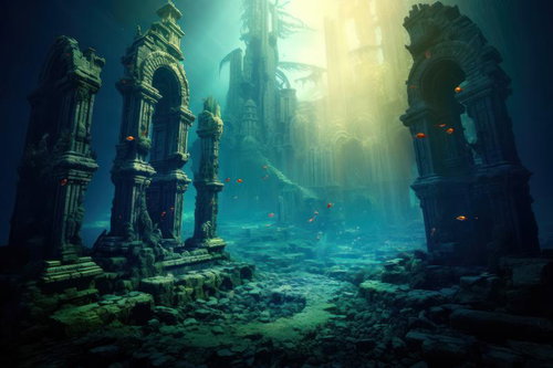 海底に沈んだ古代神殿風遺跡の柱と光芒