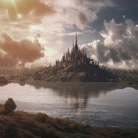 湖面に映る古城 古代文明の城塞風景 ファンタジー背景の写真