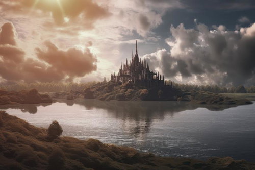 水鏡に映る中世風の城塞 湖畔に立つ尖塔の要塞