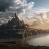 夕日に染まる崖上の城塞と湖面に映る中世ファンタジー風景の写真