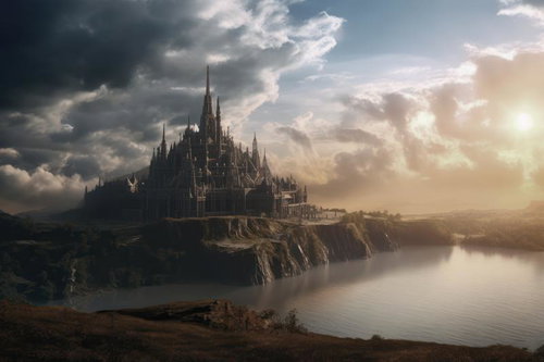 崖上に聳える古城と湖畔の城塞風景、尖塔と石造建築