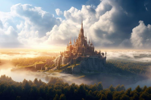 雲海に浮かぶ古代城塞風の古城 - ファンタジー背景