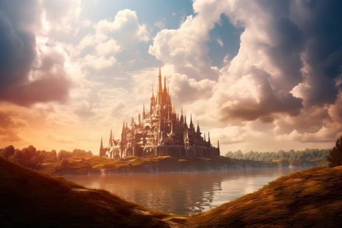 湖面に映る古代遺跡の城塞 黄昏時の夕焼け