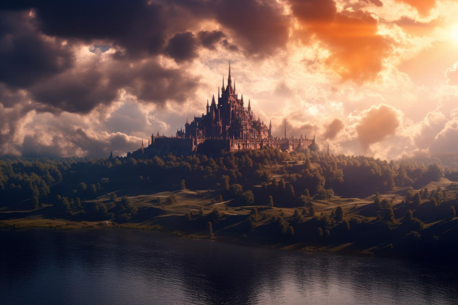 城塞が夕焼けに浮かぶファンタジー風景。湖の向こうに聳える古城と暗い雲