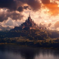 夕焼けに染まる湖畔の古代城塞・尖塔そびえる中世ヨーロッパ風の古城の写真