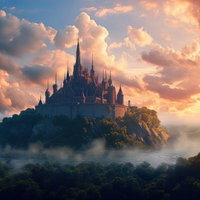 夕焼け色に染まる城塞の物語〜霧と湖に浮かぶ中世風の城の写真