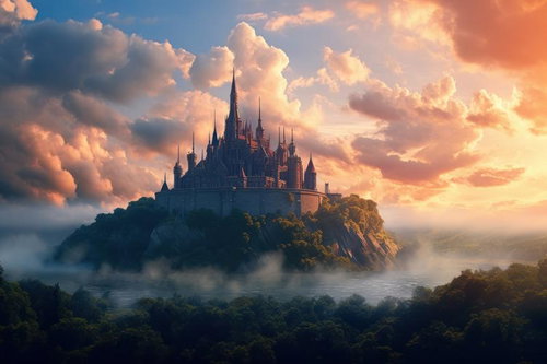夕焼け色に染まる城塞の物語〜霧と湖に浮かぶ中世風の城