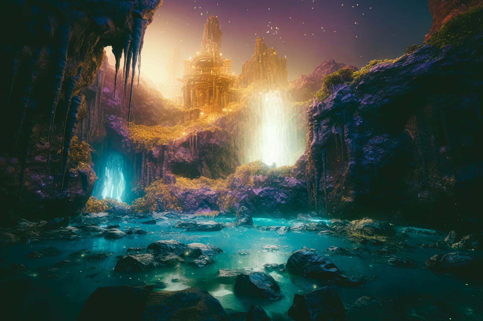 古代都市風の光る洞穴と滝が流れ落ちる秘境の風景