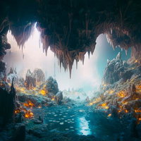 地下湖の奥深くに隠された鍾乳洞の世界と透き通った青緑色の湖面の写真