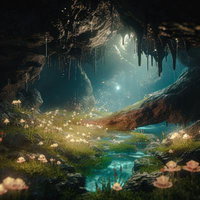 鍾乳洞の中に咲く花と地下河川の息吹、光降り注ぐ洞窟の世界の写真