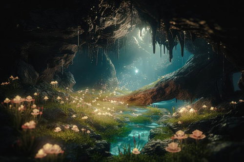 鍾乳洞の中に咲く花と地下河川の息吹、光降り注ぐ洞窟の世界