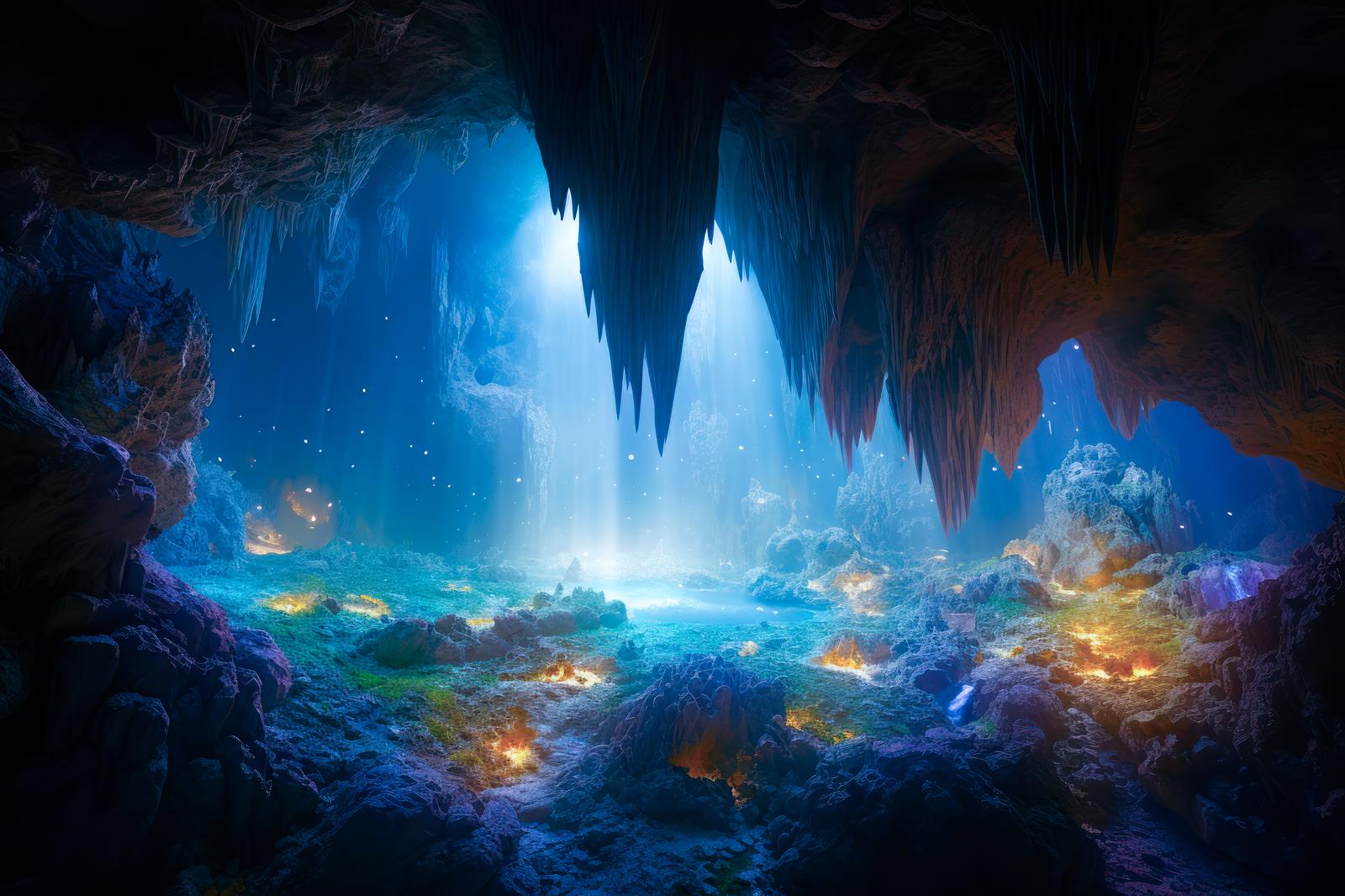 光が差し込む鍾乳洞の地下水源と鍾乳石