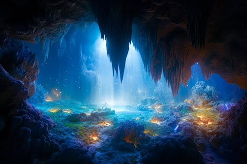 光が差し込む鍾乳洞の地下水源と神秘的な地下湖