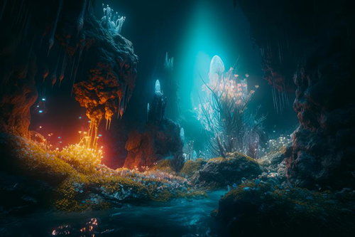 鍾乳洞の中で光る生命と地下水源、発光する植物生物と地下河川