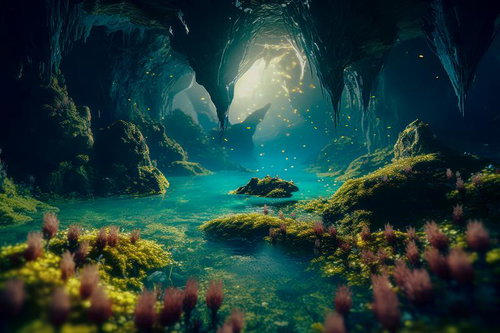 地下水が流れる洞窟の中で育つ地下植物と鍾乳石