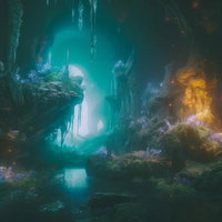 洞窟内の地下湖と氷柱 青緑色の光に照らされた鍾乳洞の写真