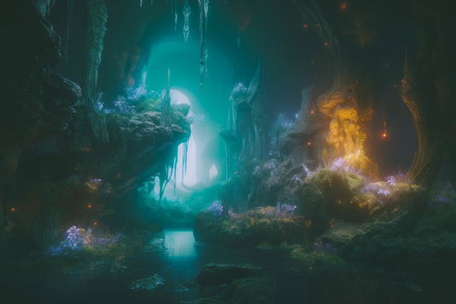 洞窟内の地下湖と氷柱 青緑色の光に照らされた鍾乳洞